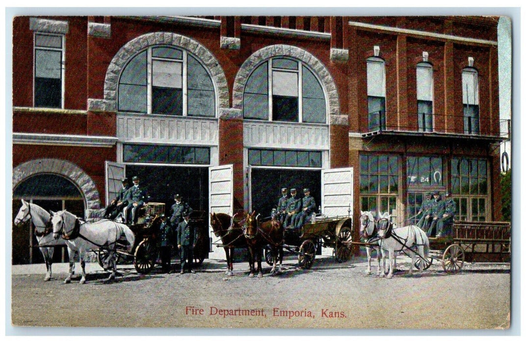 1909 Exterior View Fire Department Horse Carriage Emporia Kansas Posted Postcard