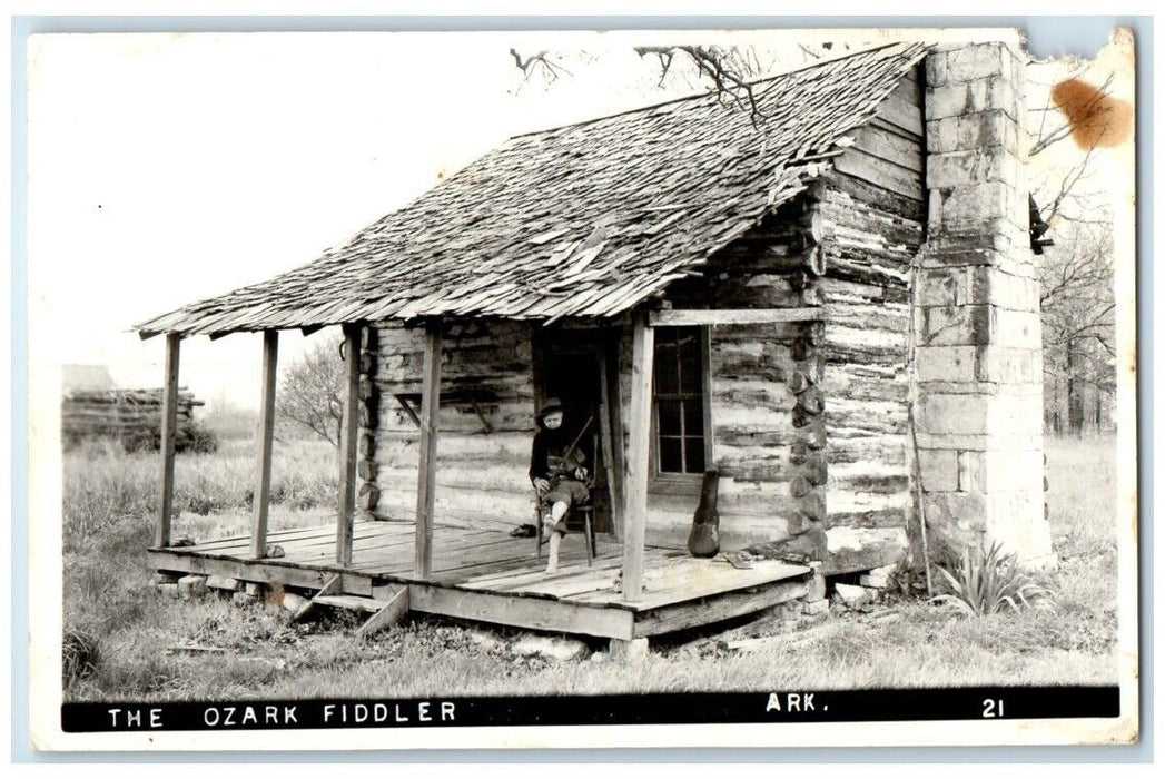 c1940's The Ozark Fiddler Log Cabin Porch View Arkansas AR RPPC Photo Postcard