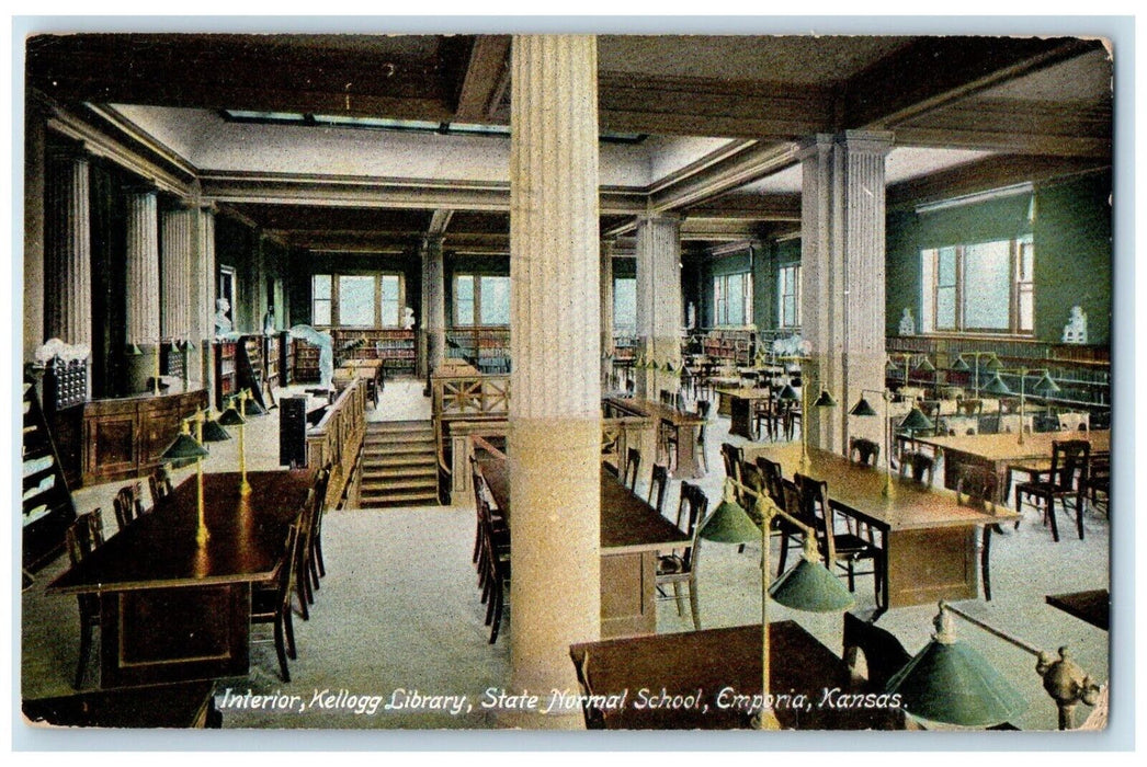 1912 Interior Kellogg Library State Normal School Emporia Kansas Posted Postcard