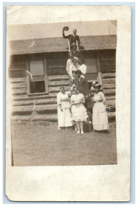1918 Marble Schoolhouse Men Women Ladder View Lewistown MT RPPC Photo Postcard