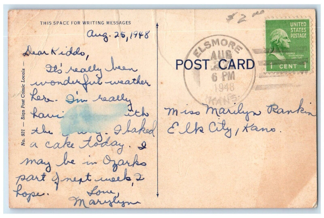 1948 When You Come Elsmore You'll Find You're Right Back Kansas Posted Postcard