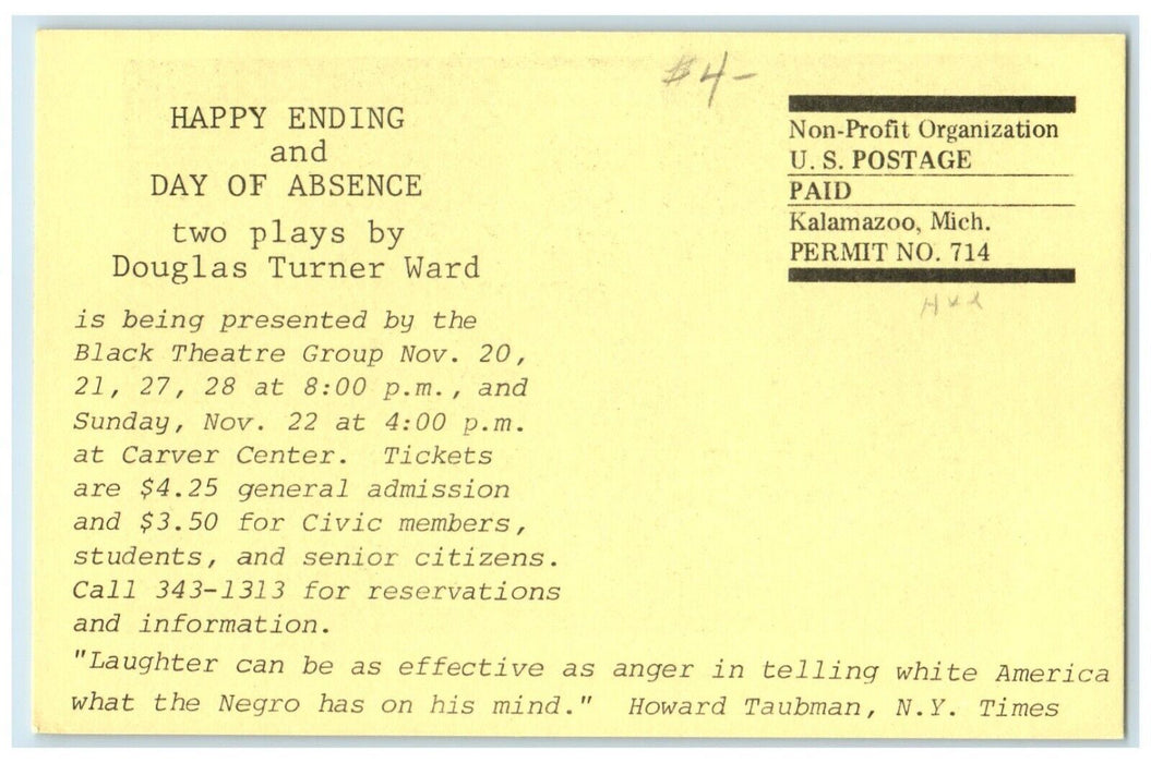 Happy Ending New York Production Douglas Turner Ward Advertising Postcard