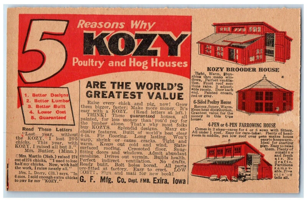 5 Reason Why Kozy Poultry And Hog Houses Exira Iowa IA Advertising Postcard