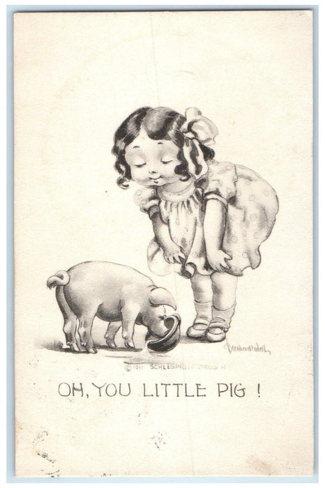 1911 Cute Little Girl Feeding Little Pig Wall Madison South Dakota SD Postcard