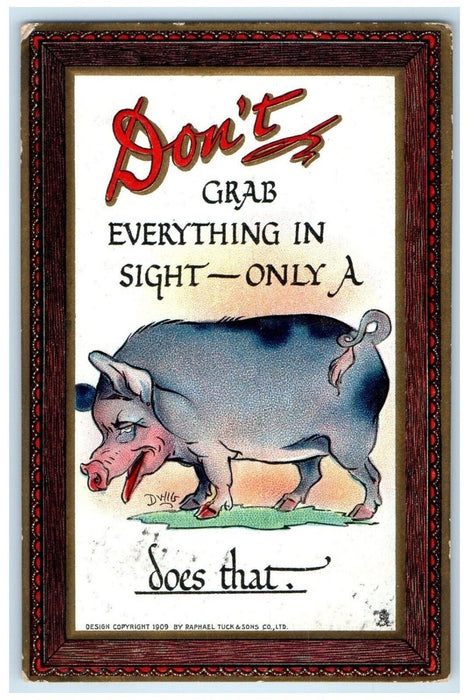 c1910s Don't Grab Everything In Sight Pig Dwig Tuck's Russell Kansas KS Postcard