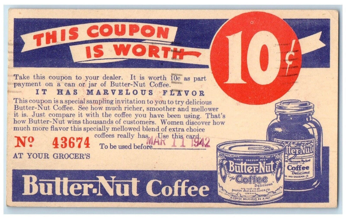 1942 Butter Nut Coffee Paxton And Gallagher Co Omaha NE Advertising Postcard