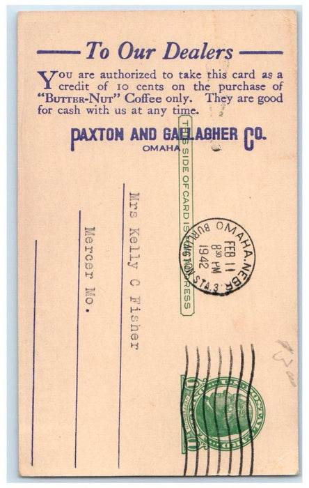 1942 Butter Nut Coffee Paxton And Gallagher Co Omaha NE Advertising Postcard