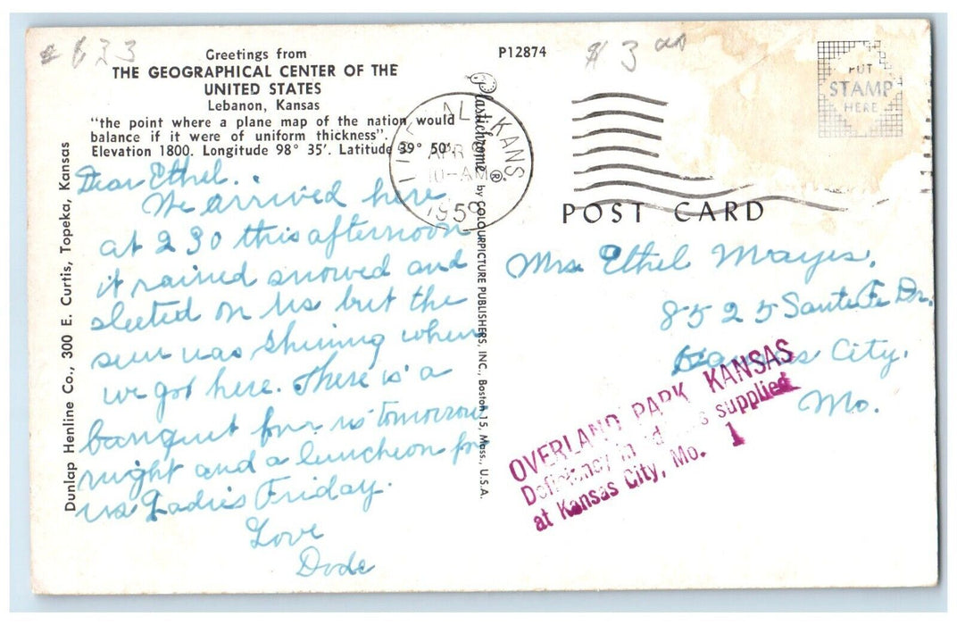 1959 Geographical Center United States Monument Park Lebanon Kansas KS Postcard