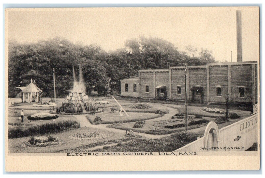 1905 Electric Park Gardens Fountain Exterior Field Building Iola Kansas Postcard