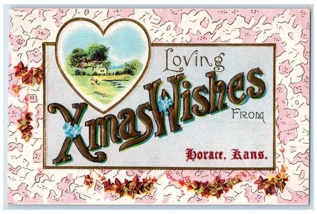c1910 Loving Xmas Wishes From Horace Kansas Embossed Christmas Flowers Postcard