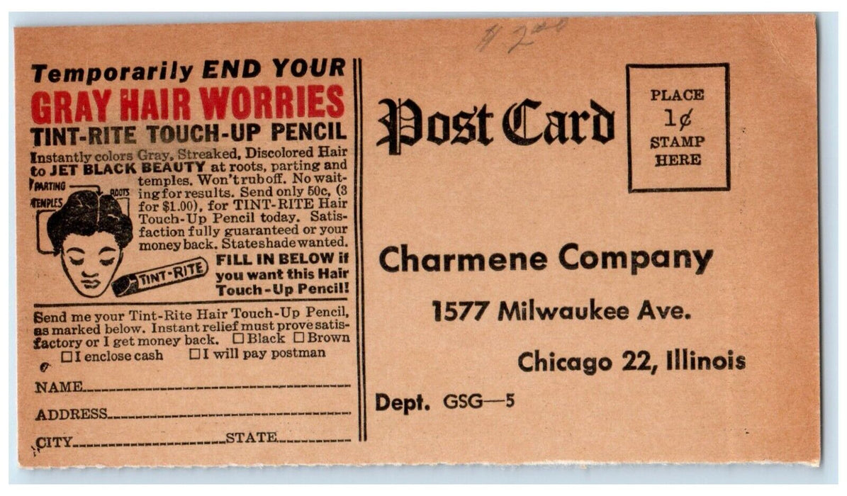 Charmene 3 for 1 Hair Dressing Tint Rite Advertising Chicago IL Antique Postcard