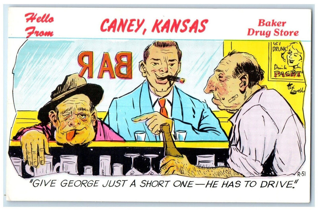 c1960 Drinking Alcohol Baker Drug Store Hello Caney Kansas KS Laff Cafe Postcard