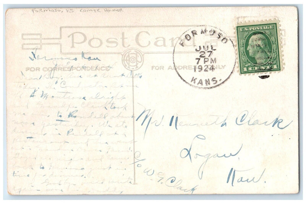 1924 News From Old Home Town Belt On Koko Comic Humor Formoso Kansas KS Postcard