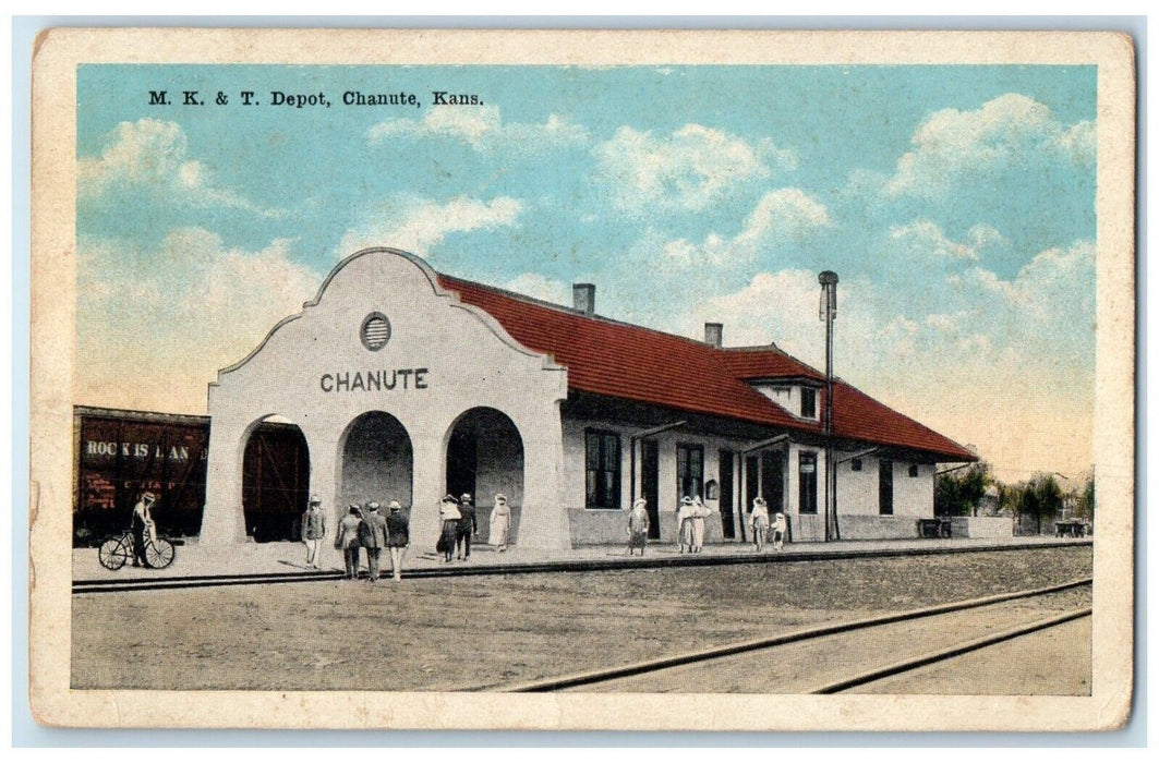 1922 M. K. T. Depot Chanute Railroad Kansas KS Posted Vintage Antique Postcard