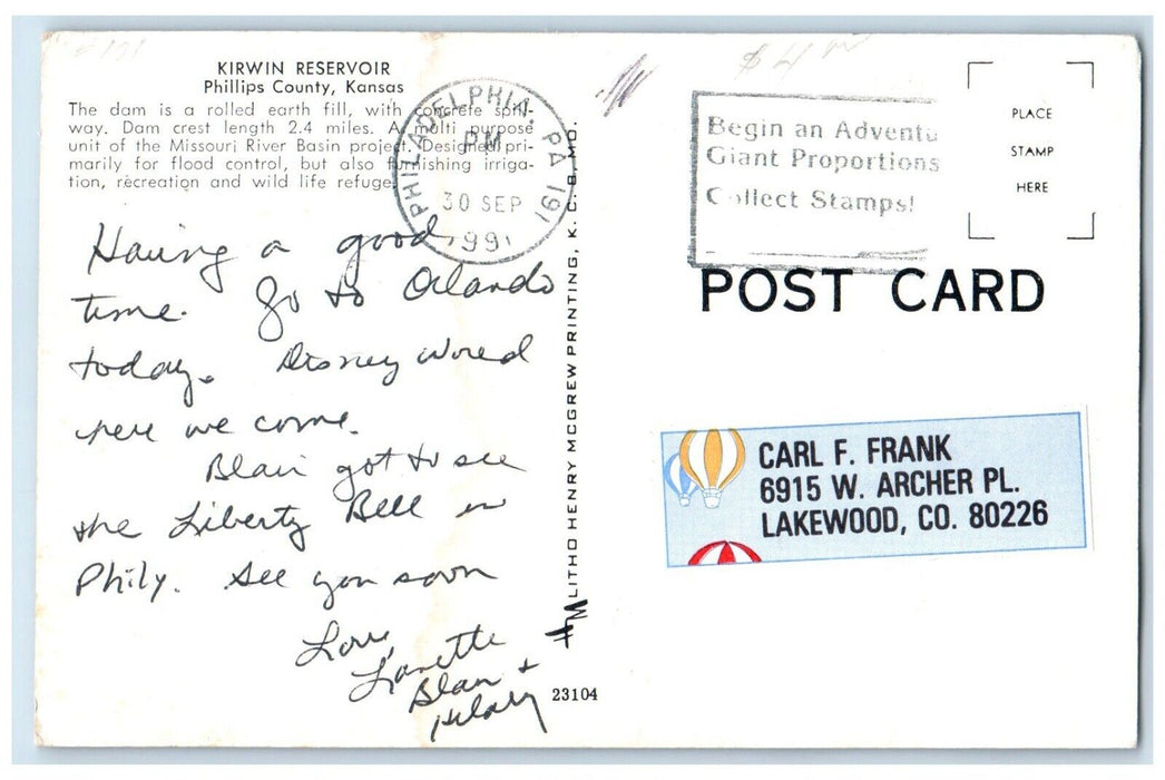 1991 Aerial View Kirwin Reservoir Exterior Phillips County Kansas Lake Postcard