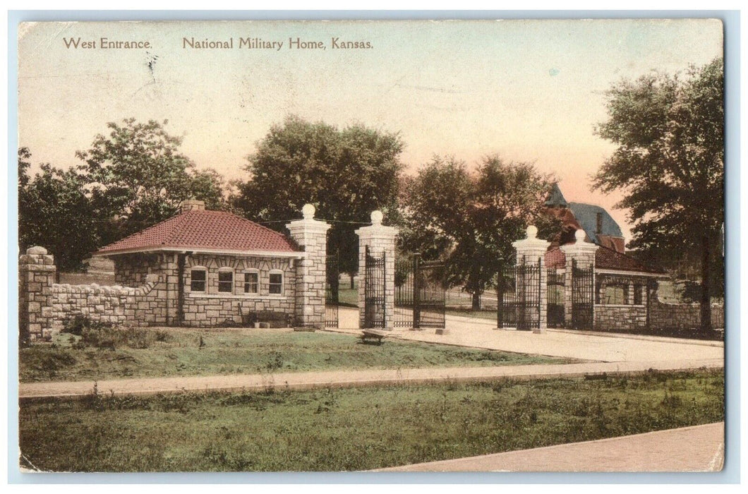 1920 West Entrance National Military Home Exterior Gate Building Kansas Postcard