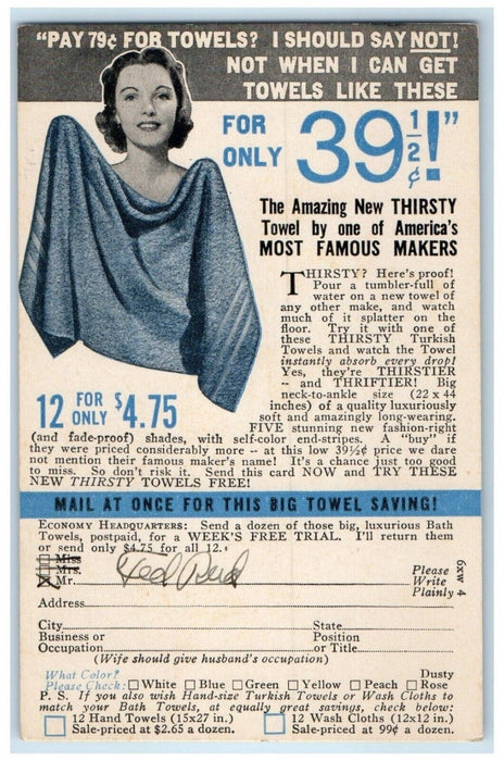 Thirsty Towel Economy Headquarters New Process Co Warren PA Advertising Postcard
