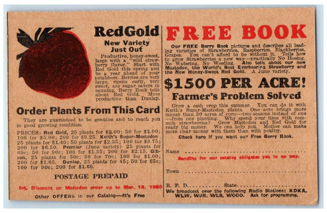 Red Gold Ferry Book Keith Bros Nursery Sawyer Michigan MI Advertising Postcard