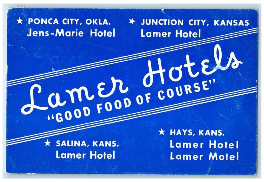 1933 Lamer Hotels Advertising Junction City Salina Hays Kansas Vintage Postcard