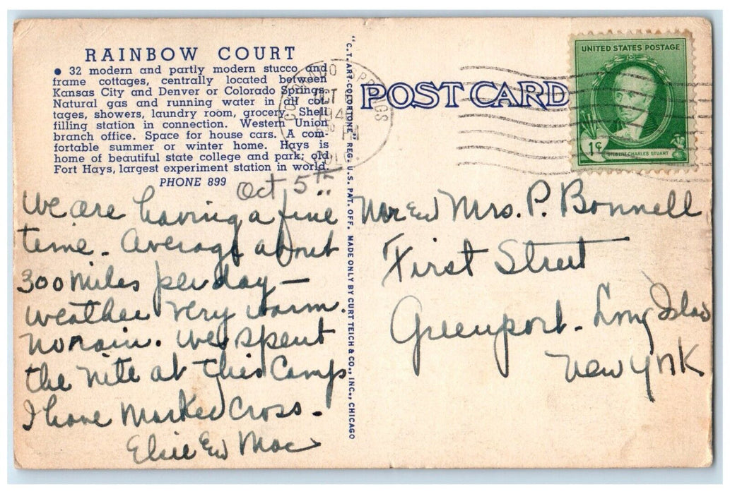 1941 Panorama Rainbow Court East Entrance Paved Highway Hays Kansas KS Postcard