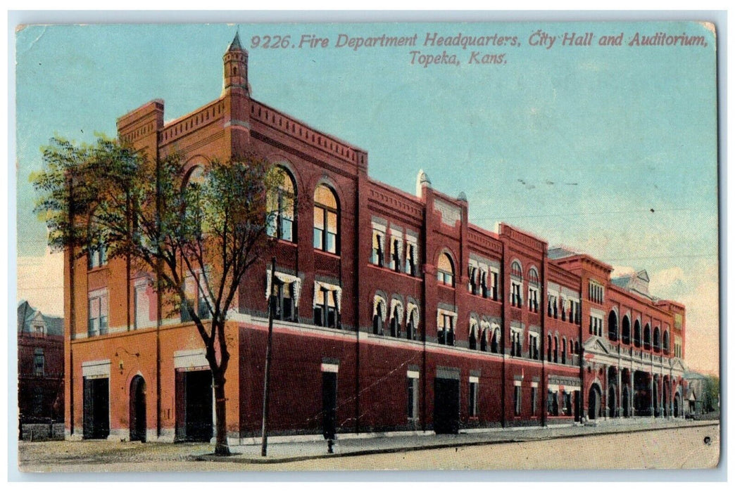 1914 Fire Department Headquarters City Hall Auditorium Topeka Kansas KS Postcard