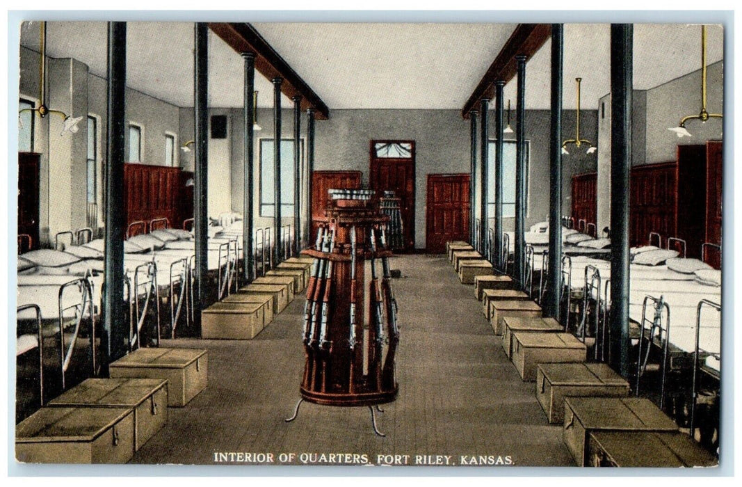c1910 Interior Quarters Beds Bedroom World War Room Fort Riley Kansas Postcard