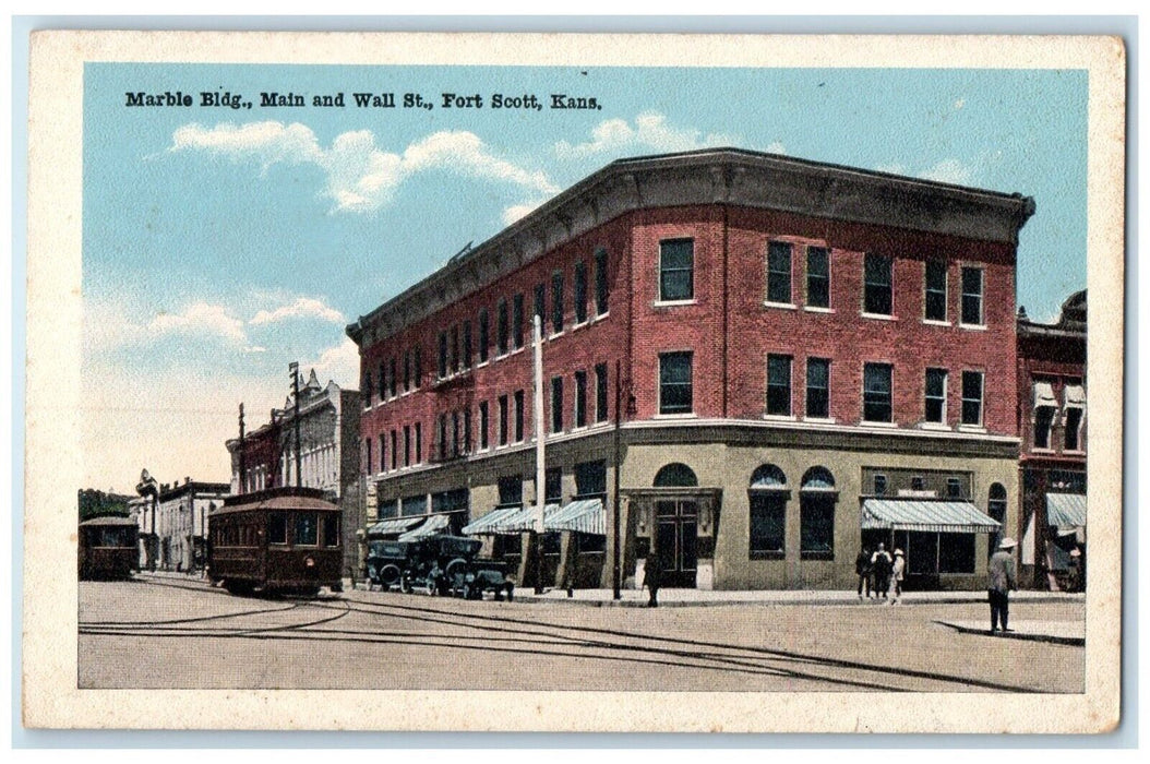 1920 Marble Building Main Wall St. Exterior Streetcar Fort Scott Kansas Postcard