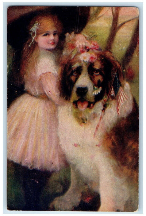 1909 Pretty Gir And Saint Bernard Dog Flowers Collyer Kansas KS Antique Postcard