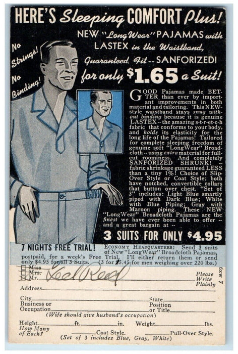 Long Wear Pajamas Comfort Economy Headquarters Advertising Warren PA Postcard