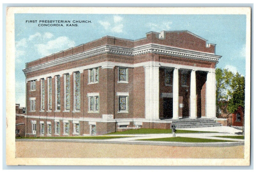 c1920 Exterior View First Presbyterian Church Concordia Kansas Antique Postcard