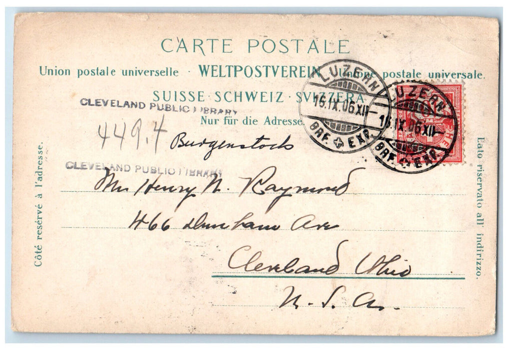 1906 View of Burgenstock Bahn Hotel Switzerland Posted Antique Postcard