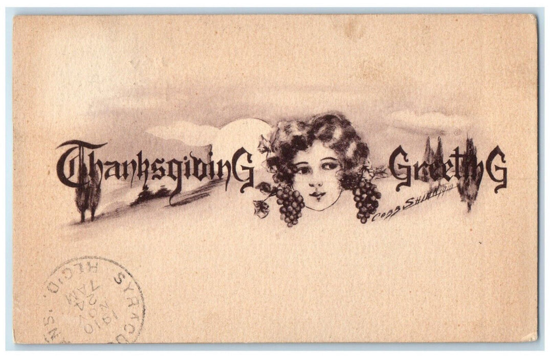 1910 Thanksgiving Greeting Pretty Woman Head Cobb Shinn Scammon KS Postcard