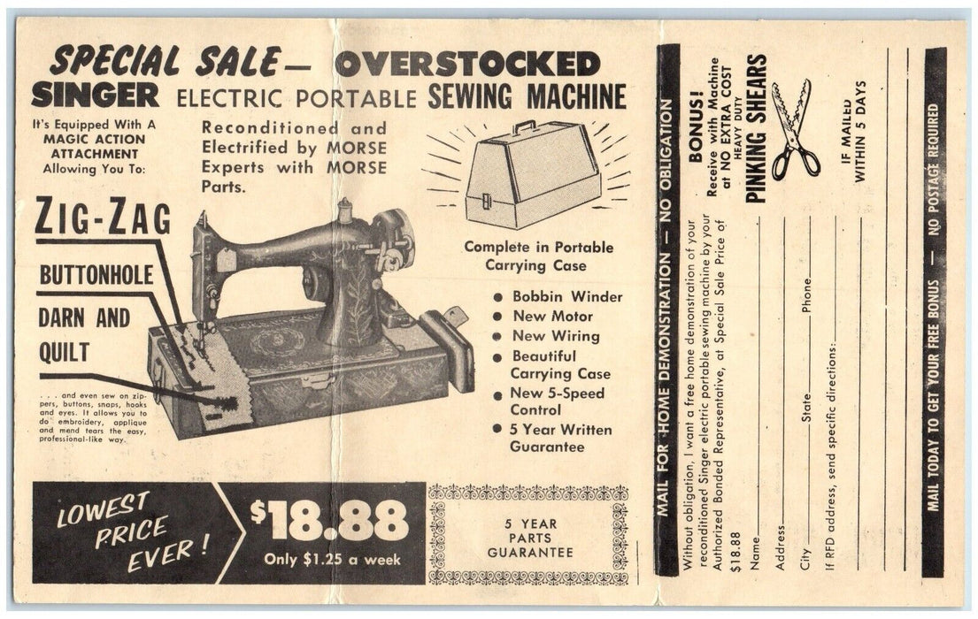 Singer Electric Portable Sewing Machine Advertising Charleston SC Postcard