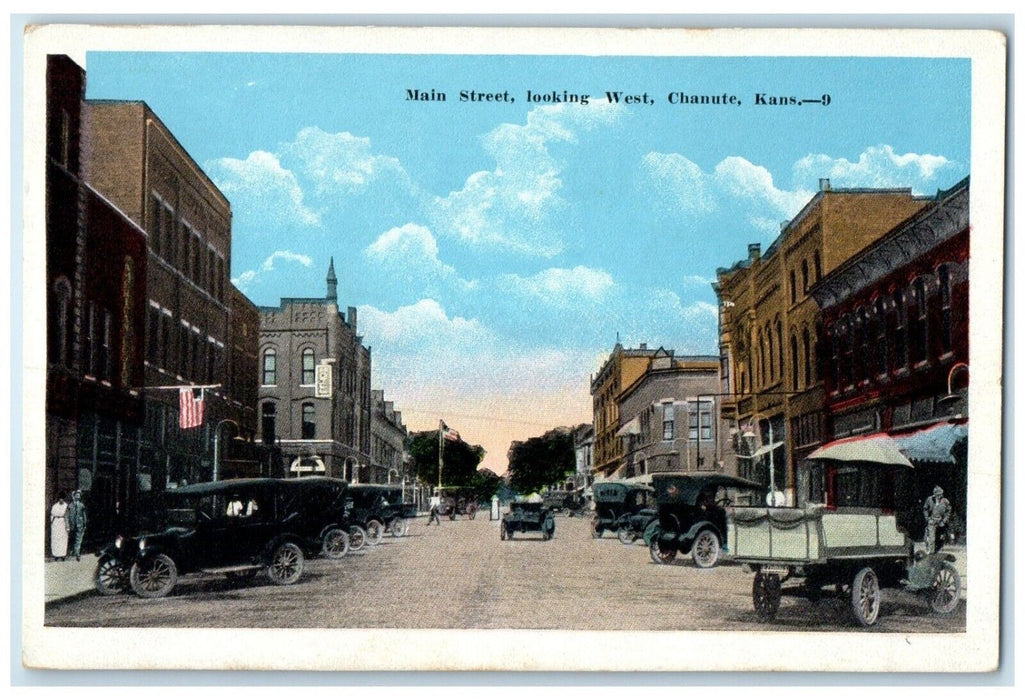 c1920 Main Street Looking West Buildings Road Chanute Kansas KS Antique Postcard