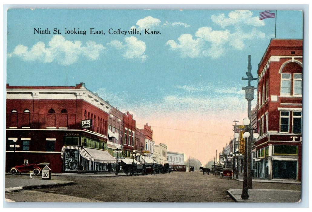 c1910 Ninth Street Looking East Buildings Coffeyville Kansas KS Antique Postcard