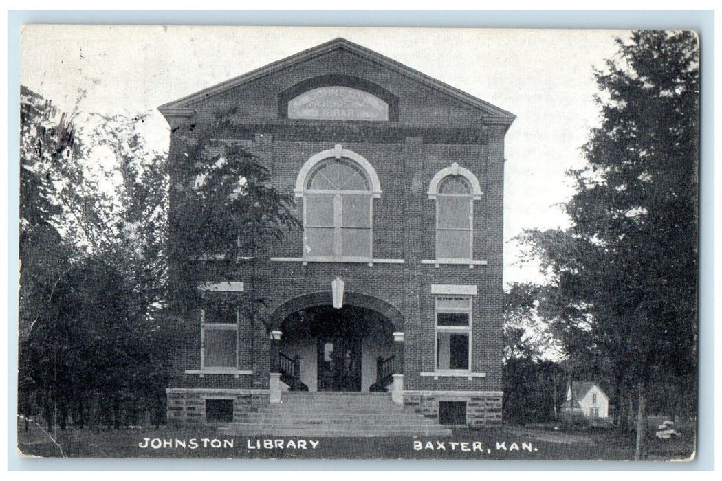 1912 Front View Johnston Library Building Baxter Kansas Antique Vintage Postcard