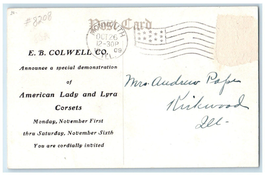 1909 American Lady Corsets Monmouth Illinois IL, EB Colwell Co. Antique Postcard