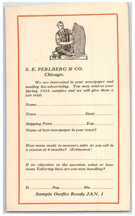 c1905 Hand Tailored SE Perlberg & Co Chicago Illinois IL Advertising Postcard