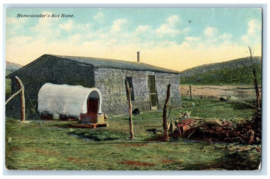 c1910 Homesteader Sod Home House Wagon Kansas Vintage Antique Unposted Postcard