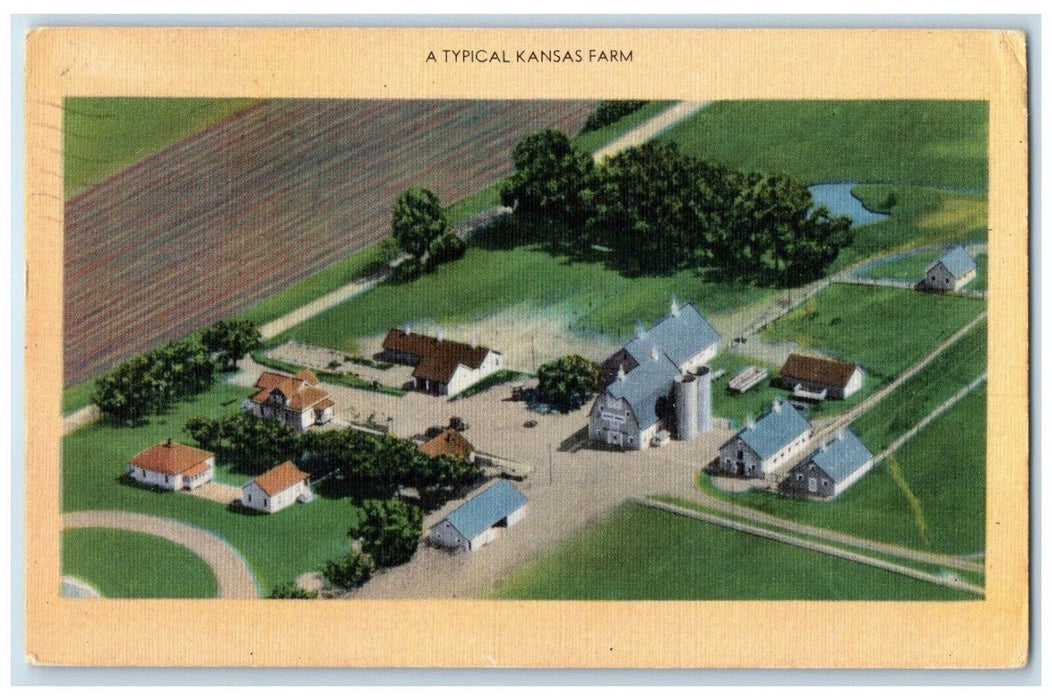 1949 Birds Eye View Typical Kansas Farm Hoosier Hobbyist Club Kansas KS Postcard