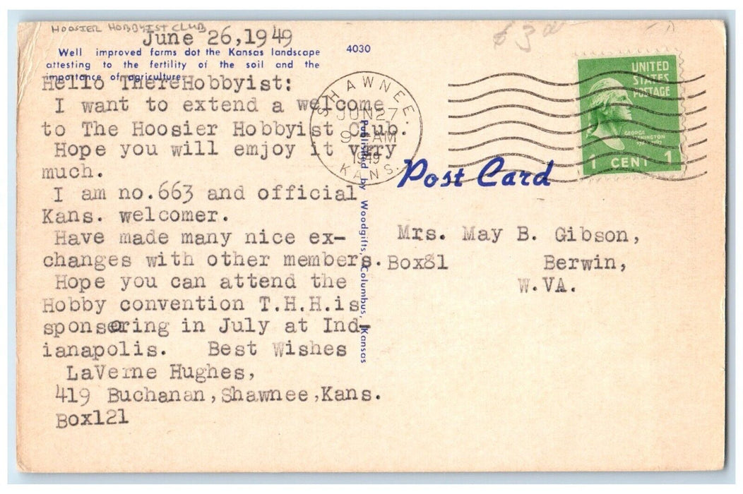 1949 Birds Eye View Typical Kansas Farm Hoosier Hobbyist Club Kansas KS Postcard