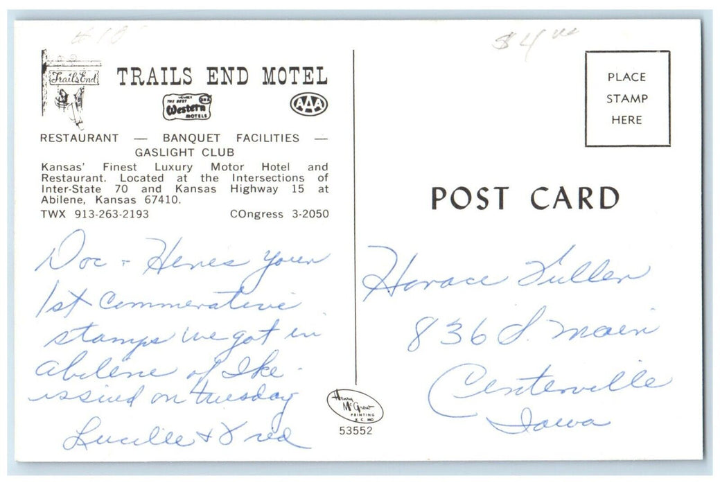c1960 Birds Eye View Trails Motel Building Abilene Kansas KS Unposted Postcard