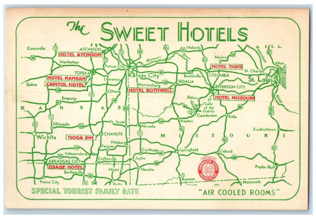 The Sweet Hotels Map Air Cooled Rooms Jefferson City Missouri MO Postcard