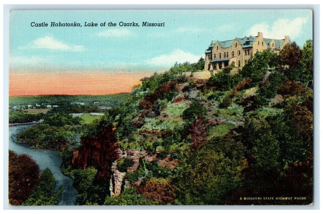 c1940 Aerial View Castle Hahatonka Building River Lake Ozarks Missouri Postcard