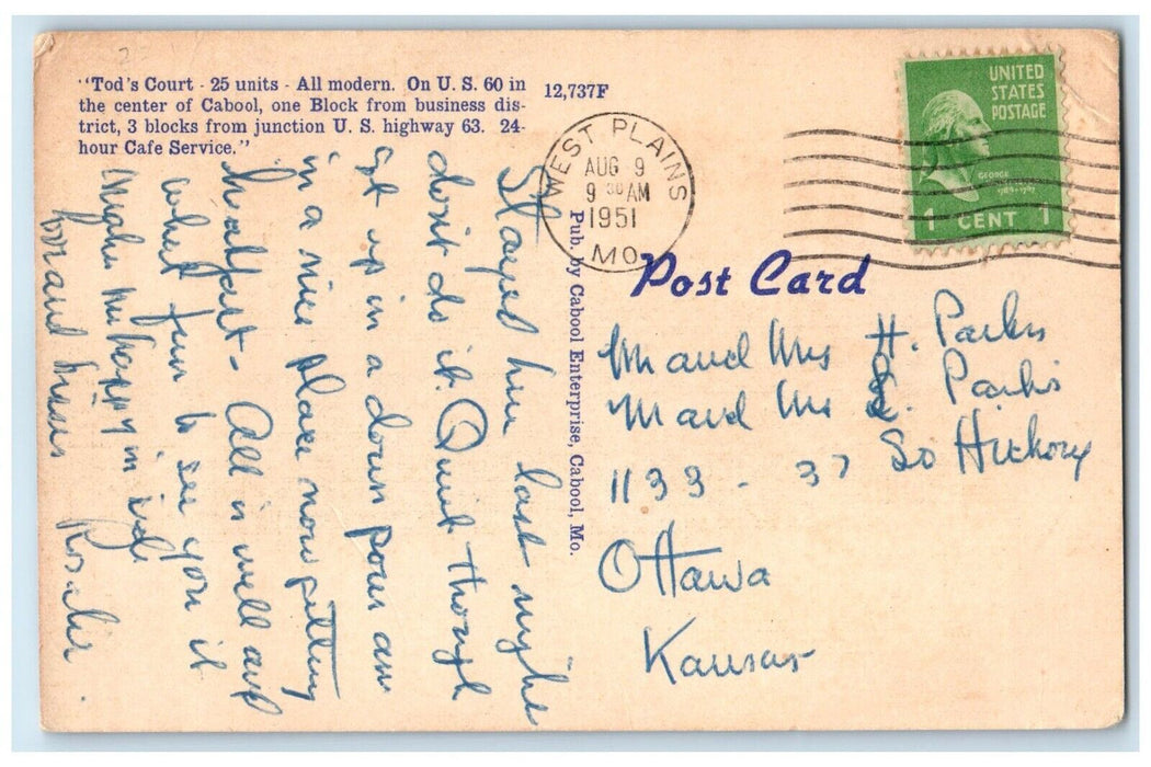 1951 Tod's Motor Court Motel Texaco Gas Station Cabool MO Multiview Postcard
