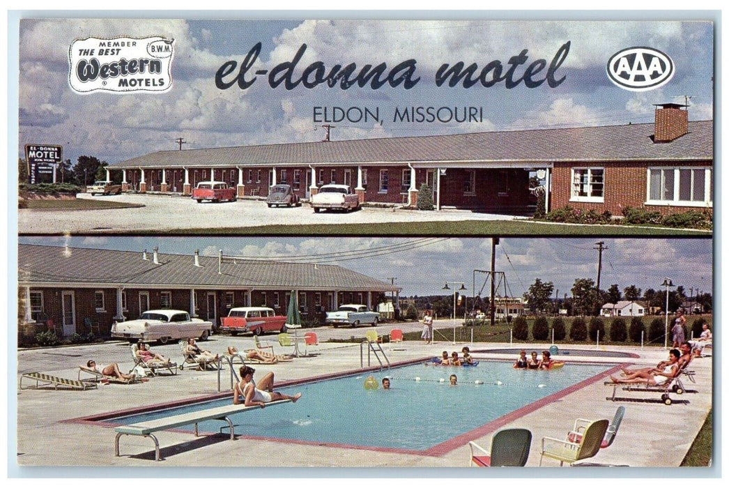 El Donna Motel And Swimming Pool Cars Eldon Missouri MO Dual View Postcard