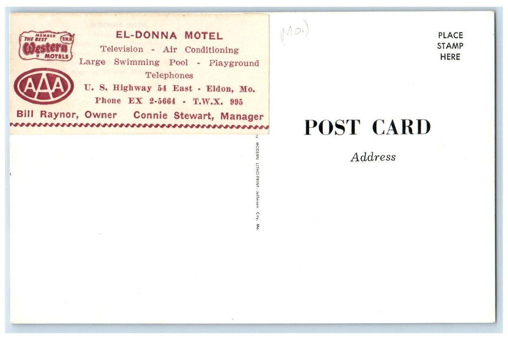 El Donna Motel And Swimming Pool Cars Eldon Missouri MO Dual View Postcard