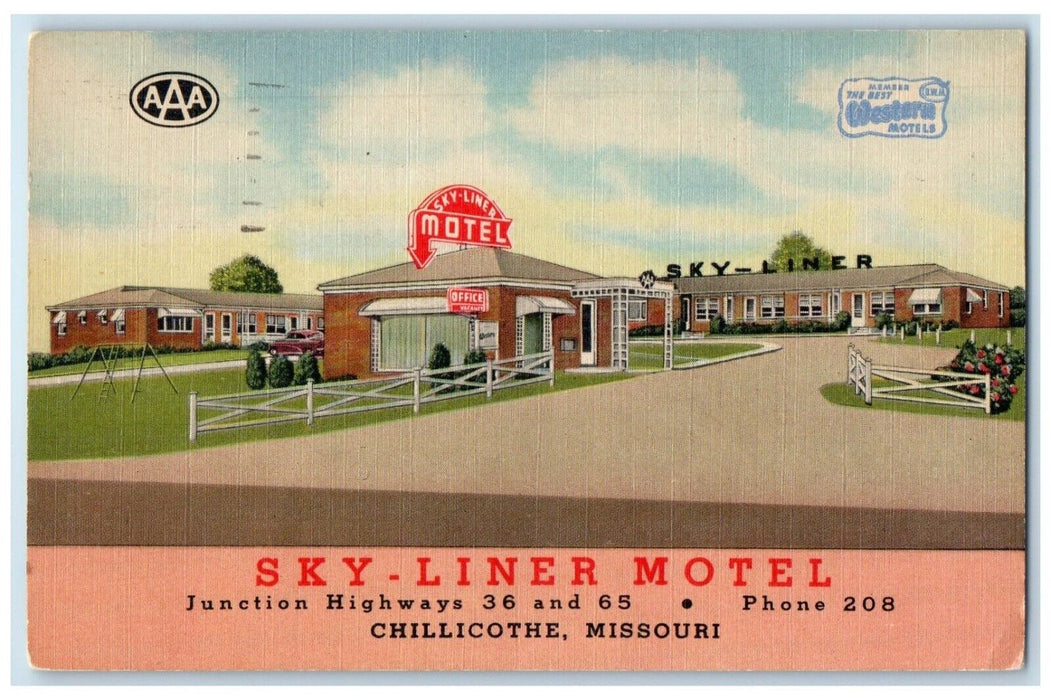 1956 Sky Liner Motel Junction Highways Cars Chillicothe Missouri MO Postcard