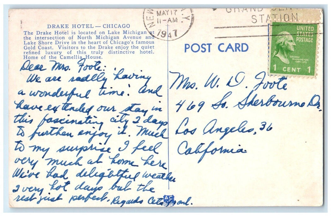 1947 The Drake Hotel Building Street View Chicago Illinois IL Vintage Postcard