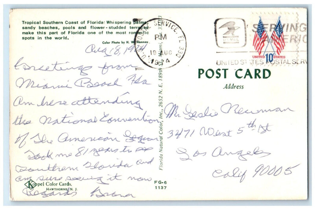 1974 Tropical Southern Coast Of Florida Beach Pool US Postal Service FL Postcard